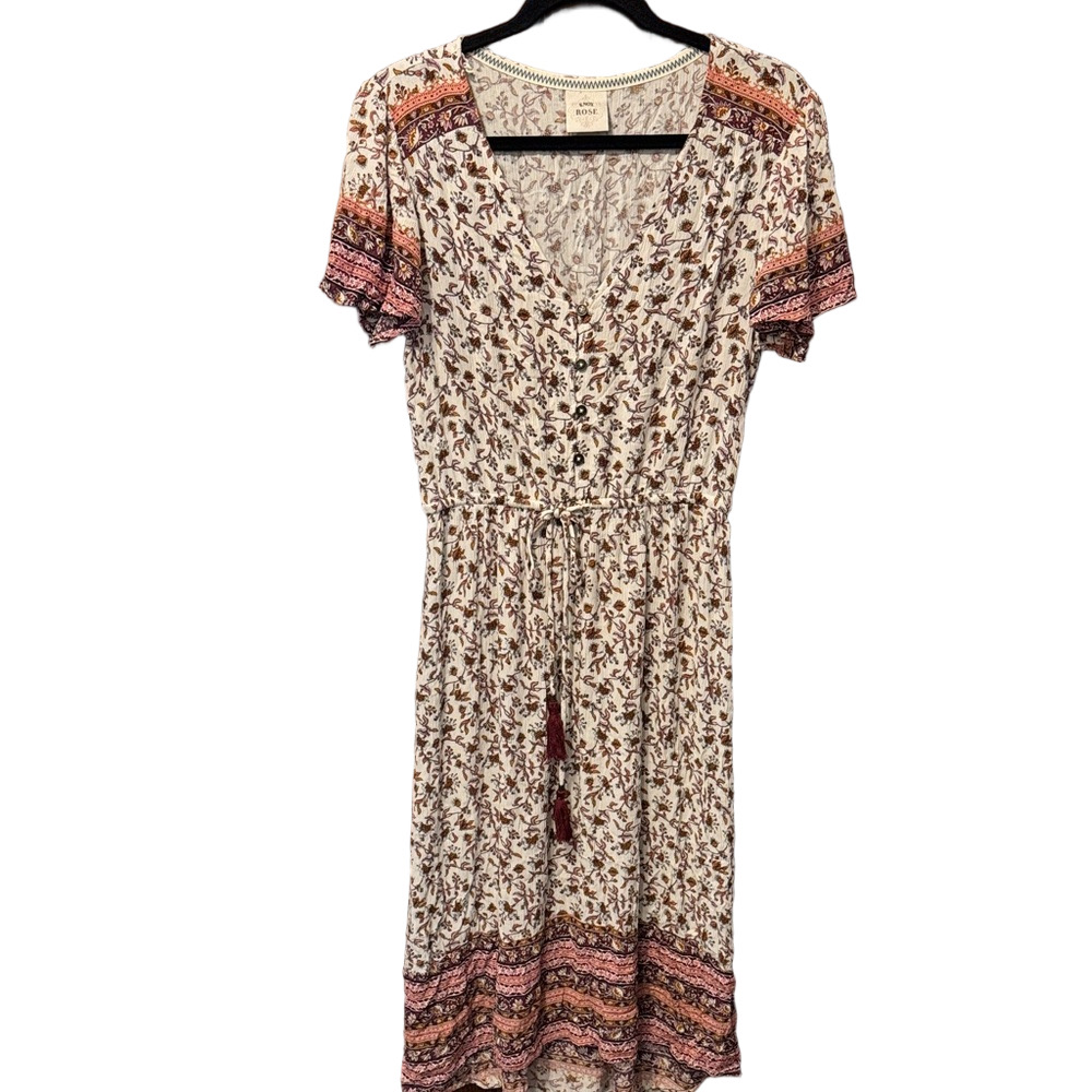 Knox Rose Boho Floral and Geometric Midi Short Sleeve Dress